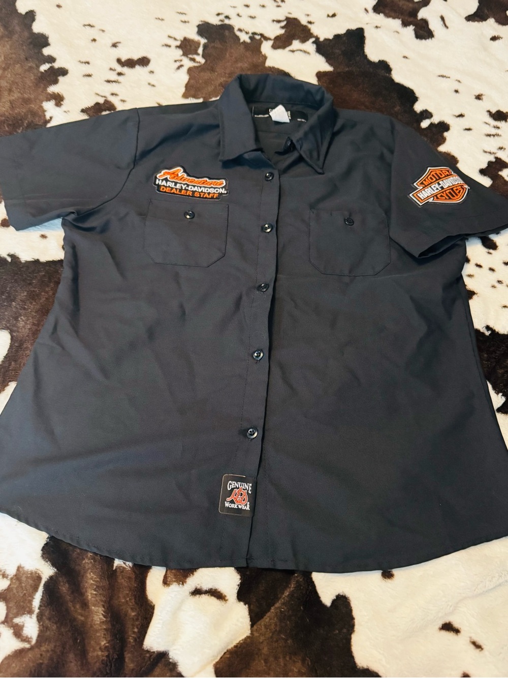 Harley-Davidson Black Short Sleeve Button-Front Work Shirt with Orange Logos